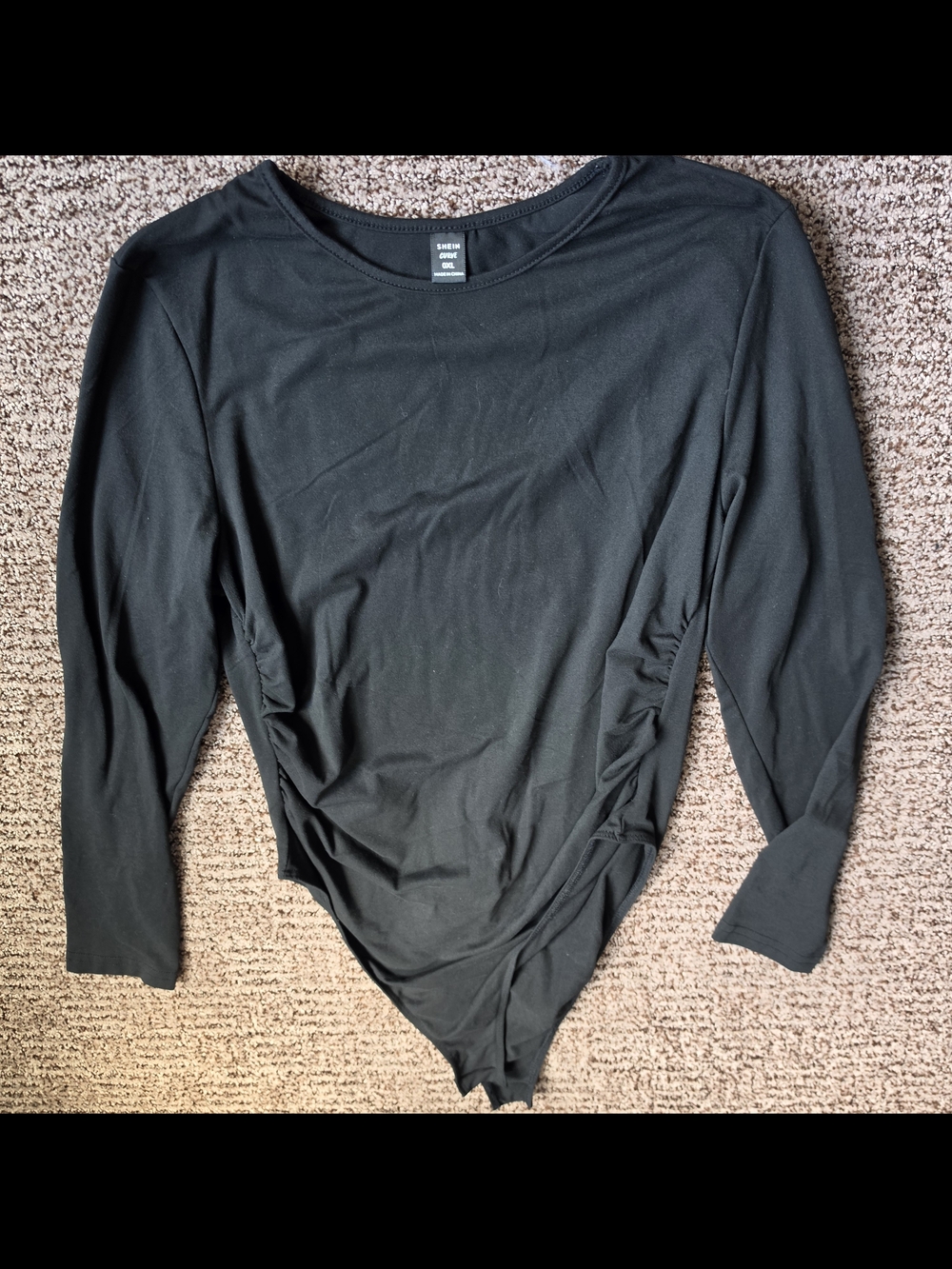 SHEIN Black Long Sleeve Side-Ruched Scoop Bodysuit